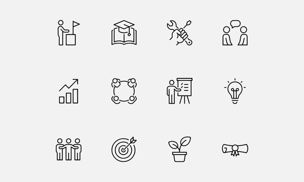 Workshop line editable icon set. Containing training, learn, skill, coaching, motivation, meeting, presentation