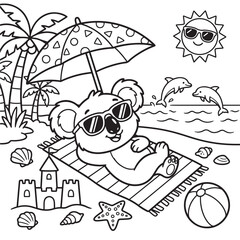 Tropical Scene Vector Illustration Featuring A Koala Palm Trees And Beach Elements sun sunglasses