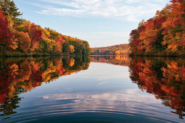 Vibrant autumn forest surrounds calm blue lake with perfect water reflections under clear sky showcasing colorful fall foliage view. © Imam