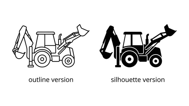 Backhoe Loader Outline and Silhouette: A versatile backhoe loader presented in both outline and solid silhouette forms, ideal for construction and industrial design concepts.