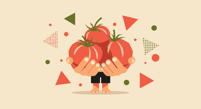 Person holding fresh red tomatoes in a flat graphic illustration style