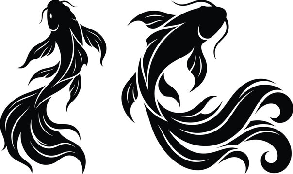 Elegant koi fish silhouettes black and white tribal style designs for tattoo or decor