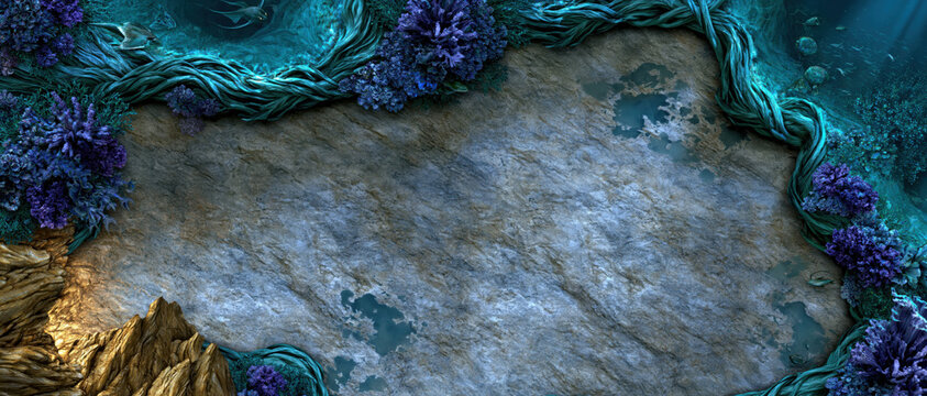 Underwater background fantasy seafloor ocean floor blue coral rock texture aquatic border game backdrop marine illustration top view digital art underwater background with fantasy seafloor