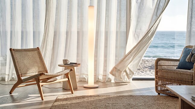 Modern minimalist living room with ocean view and natural light.