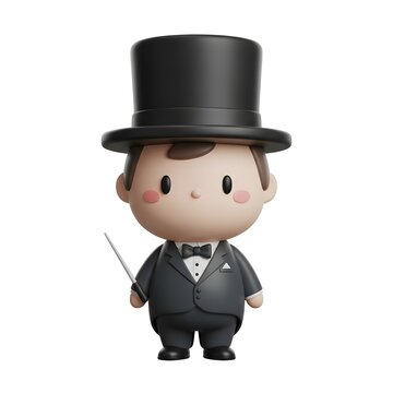 Cute 3D magician character in black tuxedo and top hat holding magic wand isolated on white 3d illustration premium cartoon performer avatar for show and entertainment design