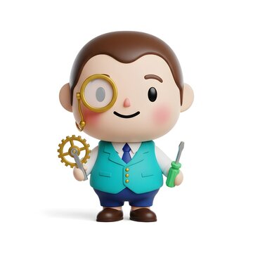 Premium 3D chibi male engineer character wearing monocle and teal vest holding gear and screwdriver for technical repair and innovation concept isolated on white
