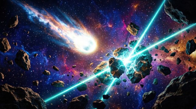 Cosmic Battle Asteroid Field Laser Beams Meteor.