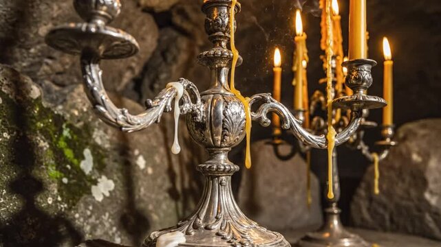 Gothic silver candle holders with lit candles and dripping wax in a dark stone cavern setting