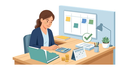 Fototapeta premium Woman working at desk with calculator and calendar