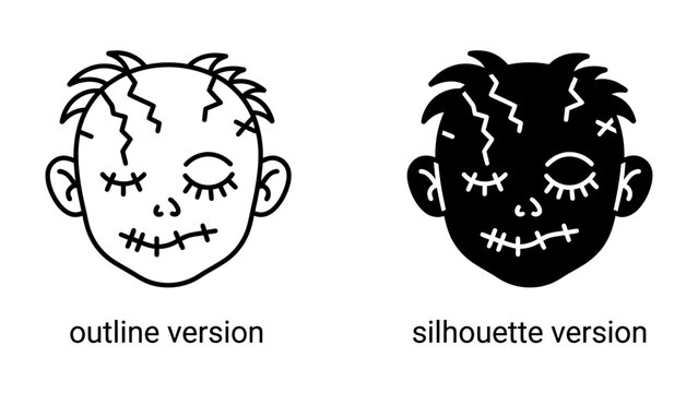 Voodoo Doll Icons: Two distinct icons representing a voodoo doll, one in an outline style and the other as a silhouette, both depicting a stitched face and closed eyes.