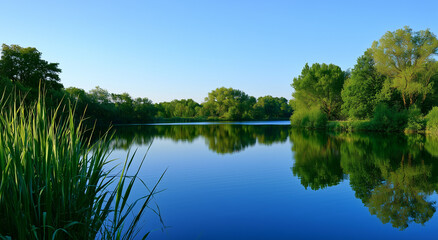 Idyllic natural landscape featuring calm lake reflecting lush green forest trees under bright clear blue sky during springtime. © Imam