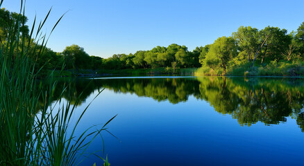 Idyllic natural landscape featuring calm lake reflecting lush green forest trees under bright clear blue sky during springtime. © Imam
