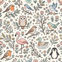 Obraz premium Nordic Forest Animal Nursery Wallpaper Pattern