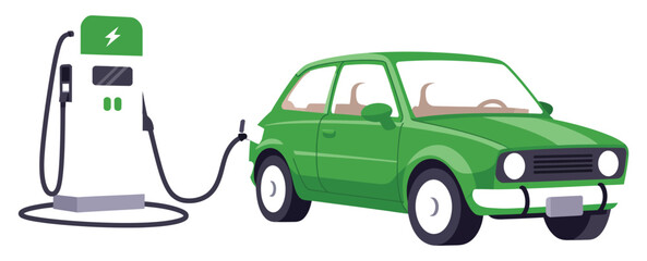 Naklejka premium Electric Car Vector Illustration with Green Compact Vehicle Connected to EV Charging Station for Clean Energy Transportation