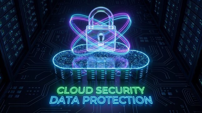 Neon glowing cloud security and data protection concept with digital padlock.