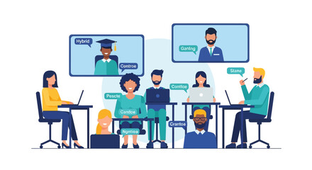 Fototapeta premium Hybrid Work and Remote Learning Vector Illustration: Diverse Team in Office with Video Conference Screens, Virtual Meeting, and Online Education Concept