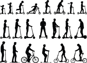 Fototapeta premium Scooter bicycle silhouettes, personal transport poses, riding activities, flat vector illustration