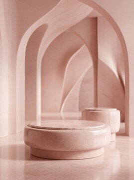 Minimalist Pink Arched Corridor with Marble Product Displays