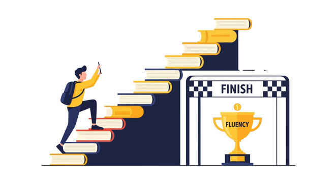 Language Learning Success Concept with Student Climbing Book Stairs toward Fluency Trophy and Achievement
