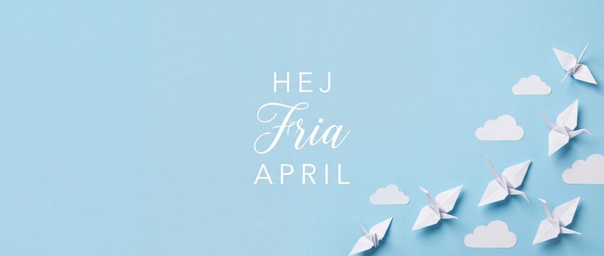 Origami paper cranes blue background with Swedish text Hej Fria April and white paper clouds, minimalist spring season greeting banner, hand crafted elegant bird art flat lay horizontal design concept