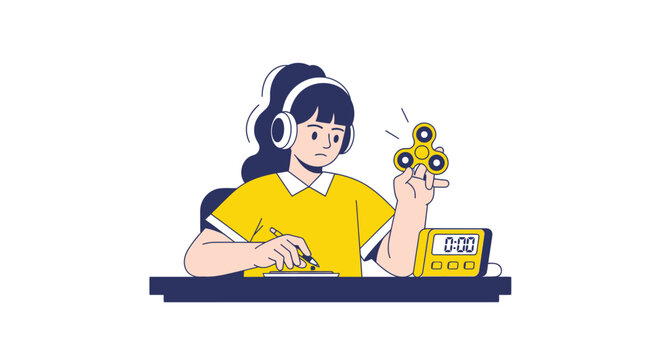 Girl with ADHD using a fidget spinner and headphones while studying, representing neurodiversity, distraction, and executive dysfunction in education.