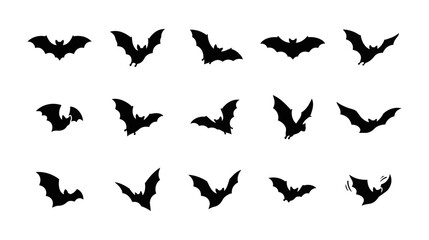 Fototapeta premium Set of silhouettes of bats in different flying poses for halloween design with silhouette halloween wildlife creature nocturnal collection