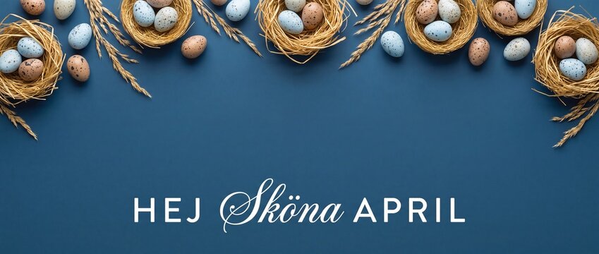 Easter eggs in straw nests on blue background banner with Swedish text Hej Skona April, rustic spring holiday frame, minimalist seasonal greeting card with copy space, top border flat lay banner art.