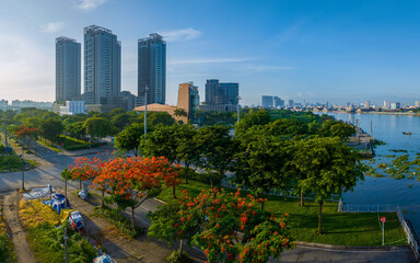 Fototapeta premium Sunrise on Saigon riverside, Ho Chi Minh city Vietnam. Photo taken on 2023 