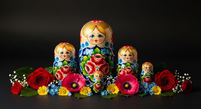 Set of nesting Matryoshka dolls in a row decorated with red roses.