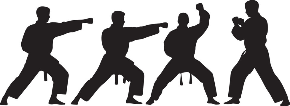 Silhouettes of martial arts fighters in karate gi performing various punches and defensive stances
