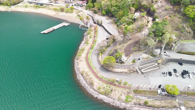 Lake Kawaguchi aerial view in Fuji Five Lakes area Japan with mountains