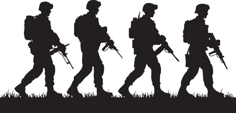 Silhouette of a group of soldiers walking in a line, military patrol, army infantry squad on a mission, vector illustration