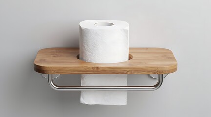 Obraz premium Modern wooden toilet paper holder with roll on gray background.