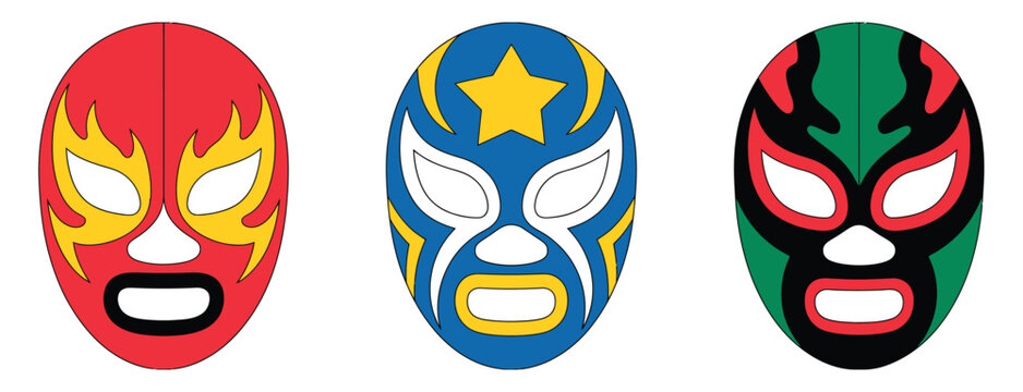 Luchador Masks Vector Illustration Featuring Three Colorful Lucha Libre Mexican Wrestling Masks for Sports and Fiesta Designs