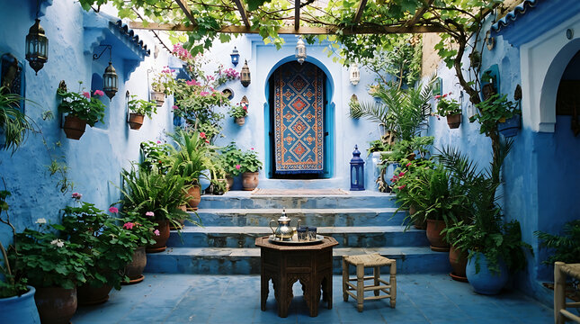 Stunning blue terrace courtyard with lush potted plants and tea set in chefchaouen.