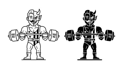 Naklejka premium Devil Bodybuilder with Barbell: A stylized illustration features a muscular devil character, depicted in both line art and silhouette, confidently lifting a heavy barbell. The devil has a split face.