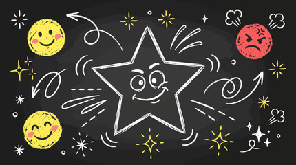 A whimsical cartoon star and emojis on a blackboard background with doodles © PYARA
