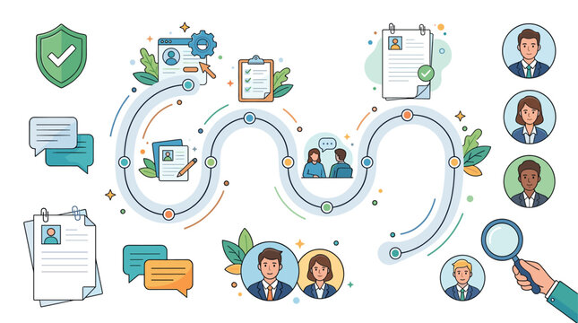 Recruitment process timeline with icons and people