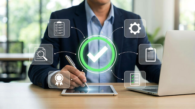 Businessman signing digital quality control checkmark icon on tablet