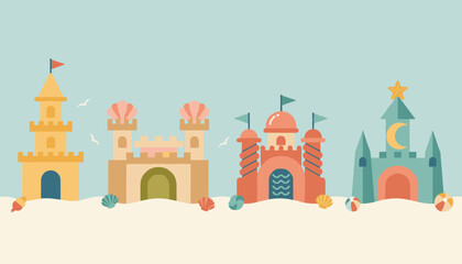 Fototapeta premium Detailed collection of four colorful creative sandcastles on a sandy beach with seashells and starfishes.