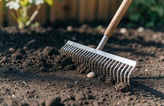 Garden rake cultivating fertile brown soil in sunny backyard, preparing ground for spring planting, gardening, agriculture, horticulture, sustainable growth, healthy vegetables, and flowers.