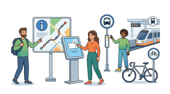 People using public transport information and ticketing systems