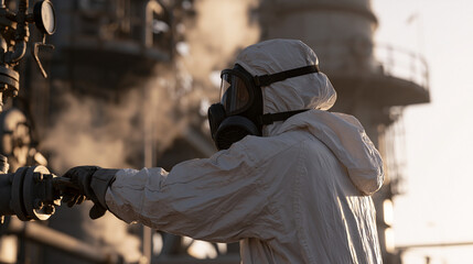 Fototapeta premium Chemical engineer in a full-face respirator and white coverall adjusting a valve on a towering industrial distillation column, steam venting from flanged pipes, harsh industrial