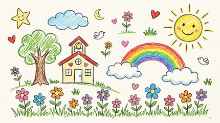 Naklejka premium A colorful drawing of a school surrounded by flowers and a rainbow