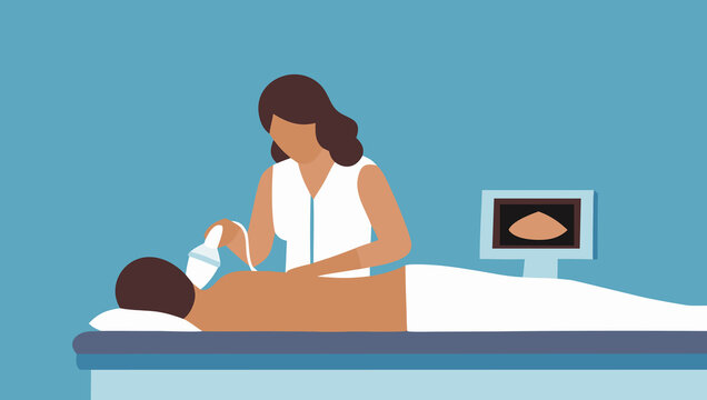 Woman performing an ultrasound on male patient during medical examination in a clinic