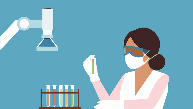 Chemist conducts experiment with test tubes in laboratory setting