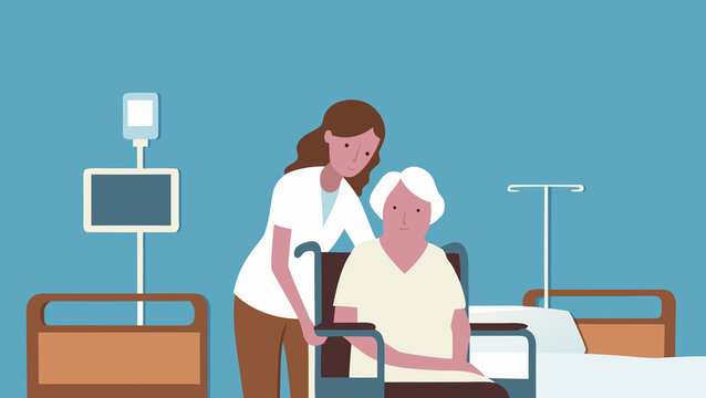 Nurse helping elderly patient in a hospital setting during daytime
