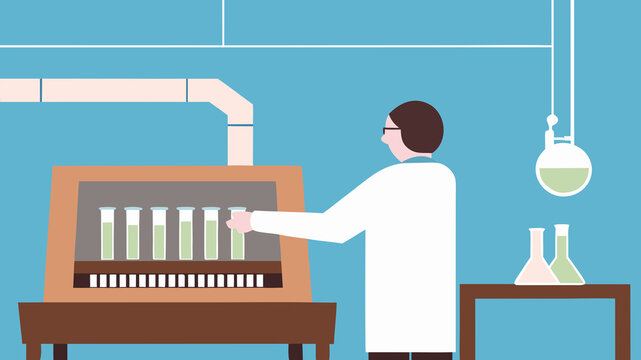 Scientist conducts experiments in laboratory with test tubes and beakers