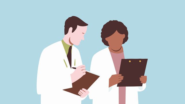 Medical professionals discuss patient care in a clinical setting during daytime