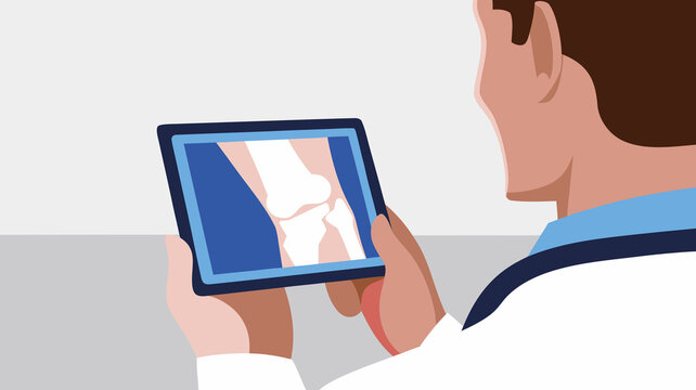 Doctor looks at knee joint image on tablet in medical office during consultation with patient